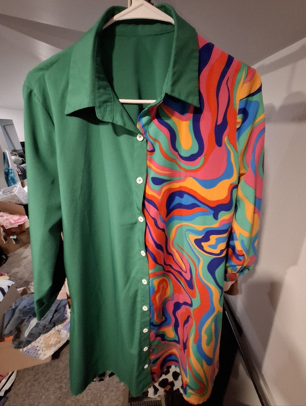 Green & Multicolor Midi Shirt Dress with Swirl Print - Picture 2 of 4
